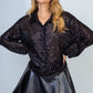 Sequin Mesh Knit Button Down Top in Black