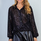 Sequin Mesh Knit Button Down Top in Black