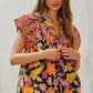 Multicolored Print Babydoll Top with Floral Embroidery