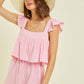 Gauze Square Neck Romper with Mini Ruffles on the Shoulder in Pink