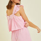 Gauze Square Neck Romper with Mini Ruffles on the Shoulder in Pink