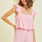 Gauze Square Neck Romper with Mini Ruffles on the Shoulder in Pink