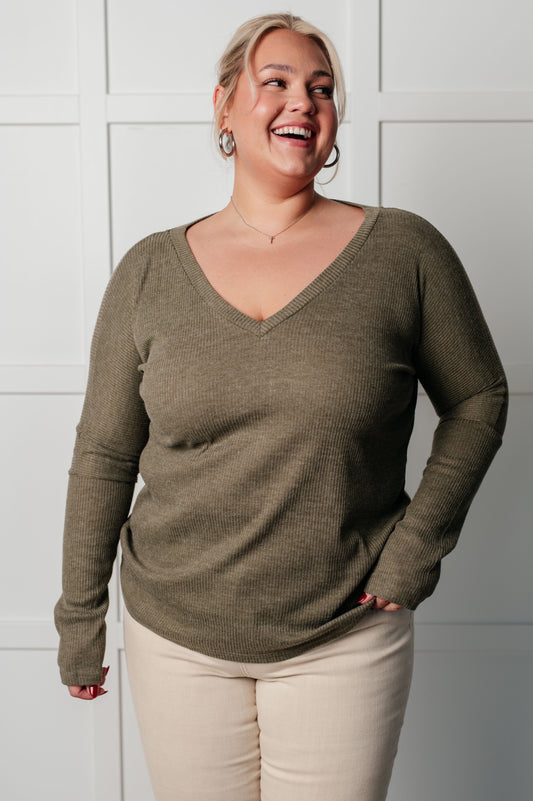 On a Roll Ribbed Knit V Neck Long Sleeve Top