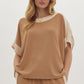 Solid Ribbed Contrast Trim Boatneck Top in Camel