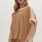 Solid Ribbed Contrast Trim Boatneck Top in Camel