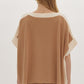 Solid Ribbed Contrast Trim Boatneck Top in Camel