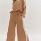 Solid Ribbed Contrast Trim Boatneck Top in Camel