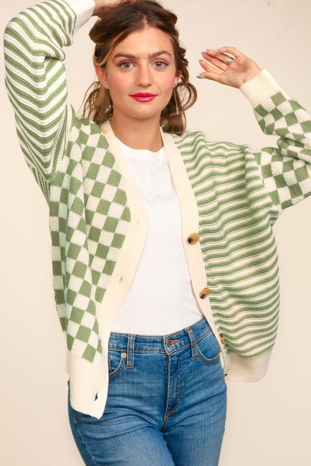 Button Down Checker Stripe Sweater Cardigan